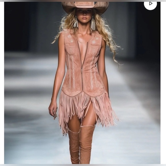 OYROSY Fringed Pink Suede Dress - Picture 1 of 6